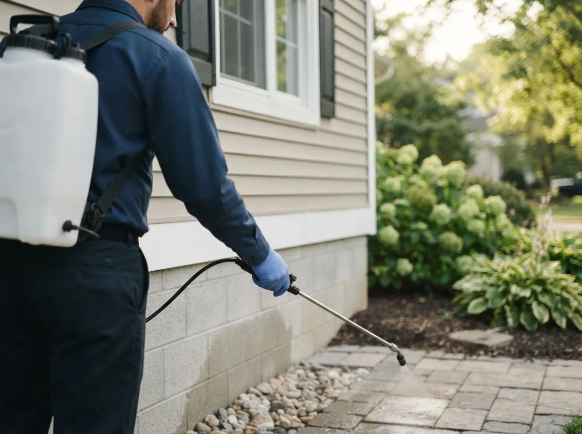 Pest control technician inspecting a home in Newton, IL